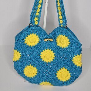 Crochet Granny Square Shoulder Bag in Aqua and Yellow with matching straps.